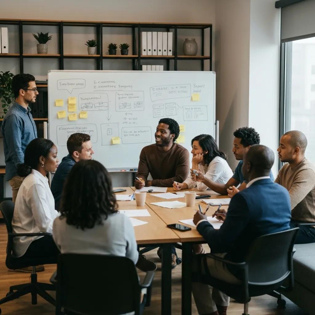 A diverse and collaborative team actively engaged in a meeting, strategizing e-commerce growth for Shopify Plus.