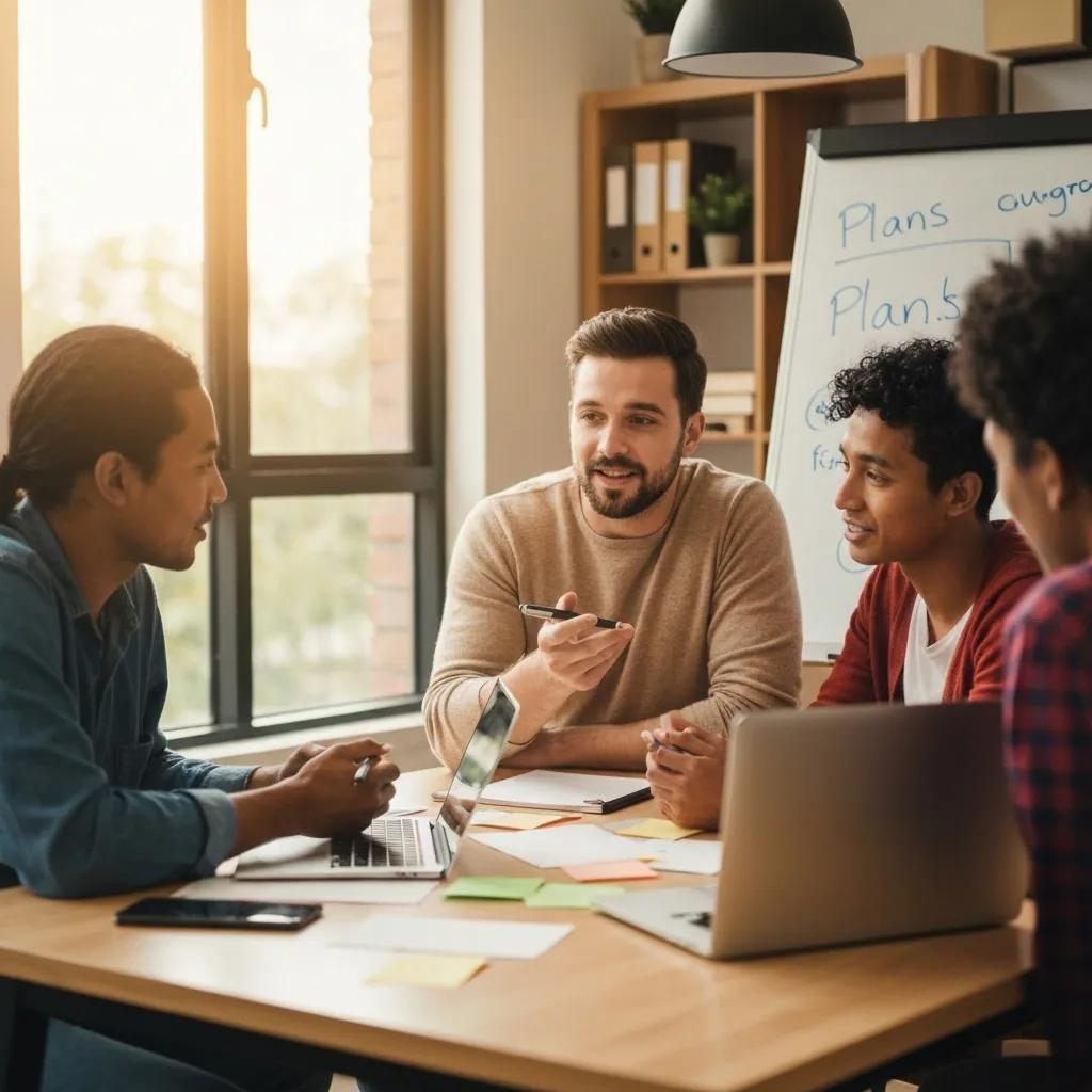 A project manager actively discussing strategic plans with a collaborative team in a dynamic environment.