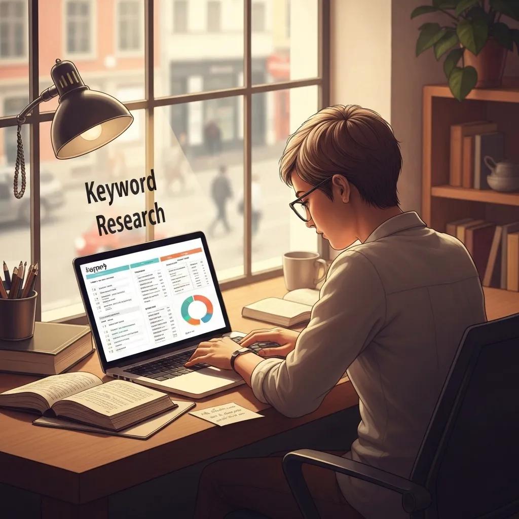 A person intently analyzing keyword research data on a laptop in a comfortable and modern office environment.