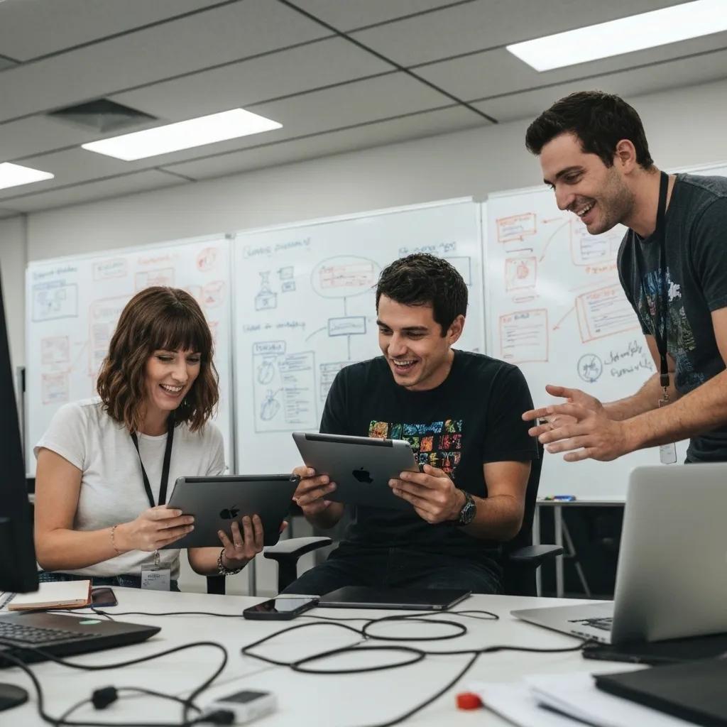 Team of developers collaborating on custom Shopify development in a modern office