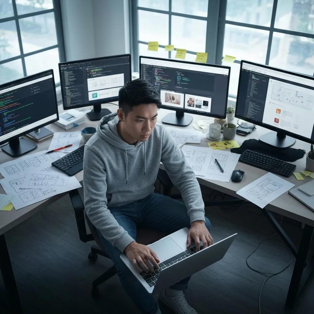 A dedicated developer meticulously working on Shopify store development, surrounded by design sketches and detailed coding notes.