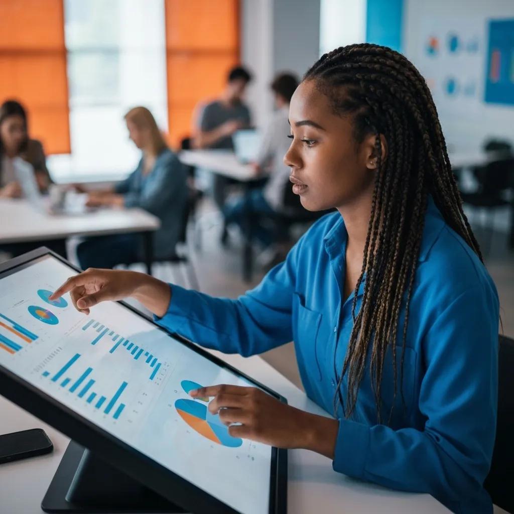 A data analyst meticulously reviewing customer insights to refine the shopping experience on Shopify Plus