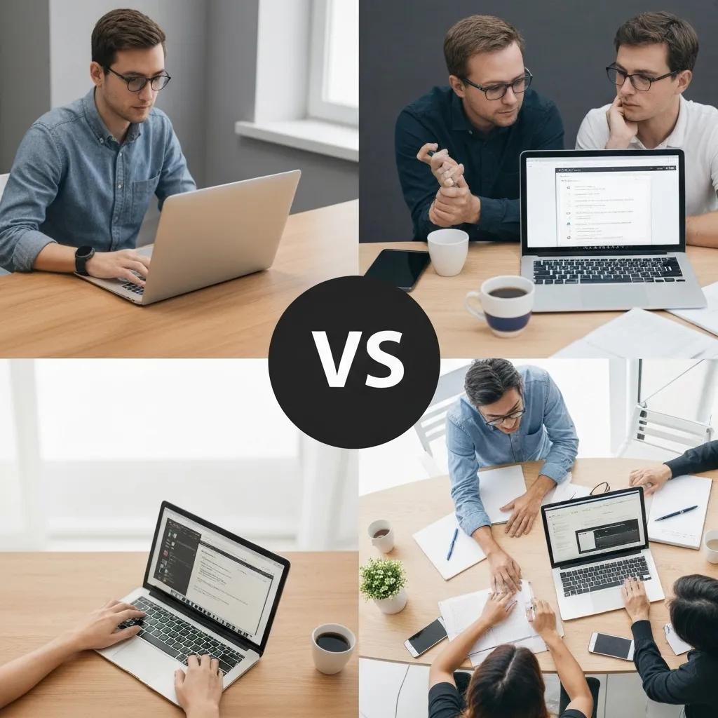 A visual comparison contrasting a freelance Shopify developer working independently with an agency team collaborating on a project
