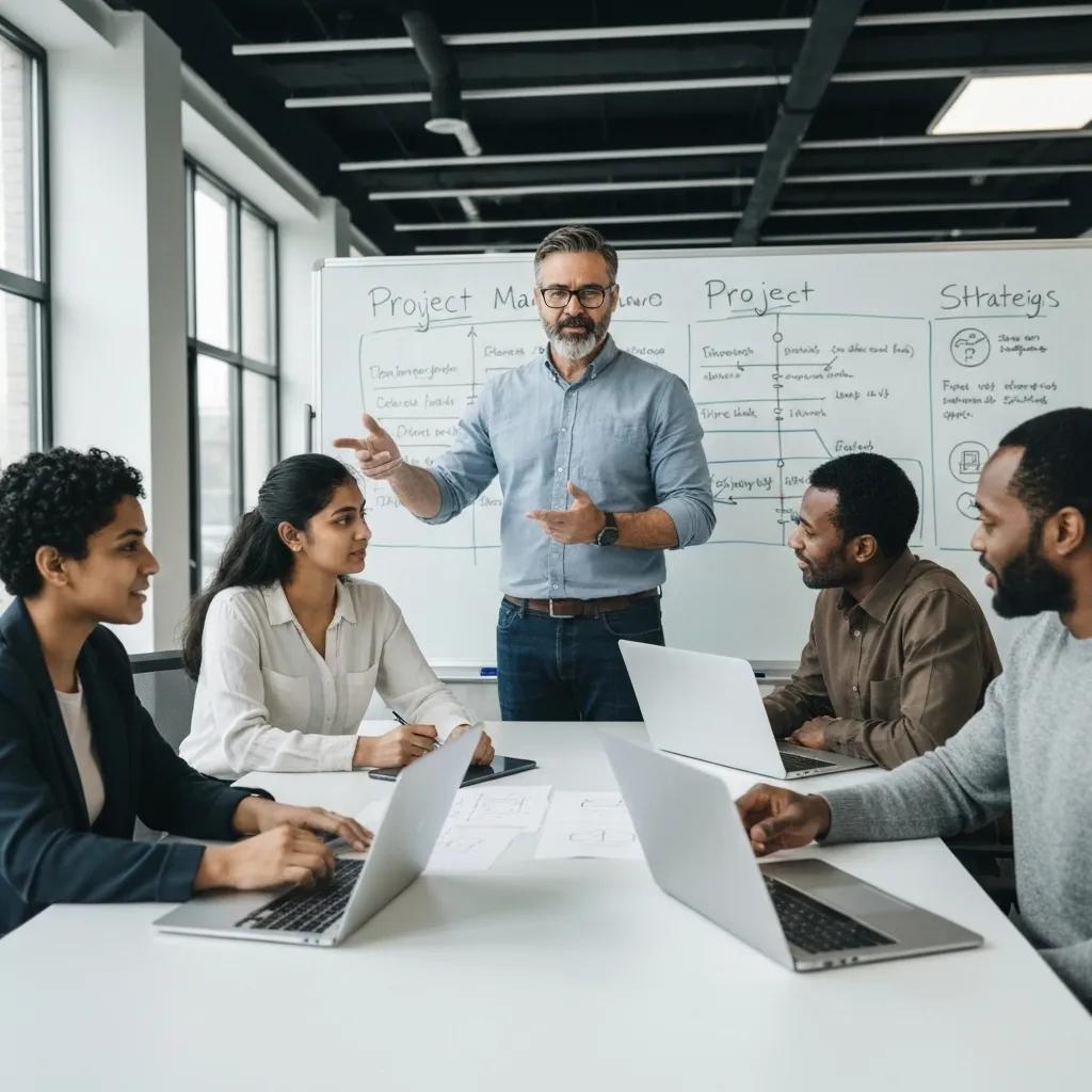 A project manager leading a strategic team meeting focused on Shopify Plus initiatives, utilizing a whiteboard for planning