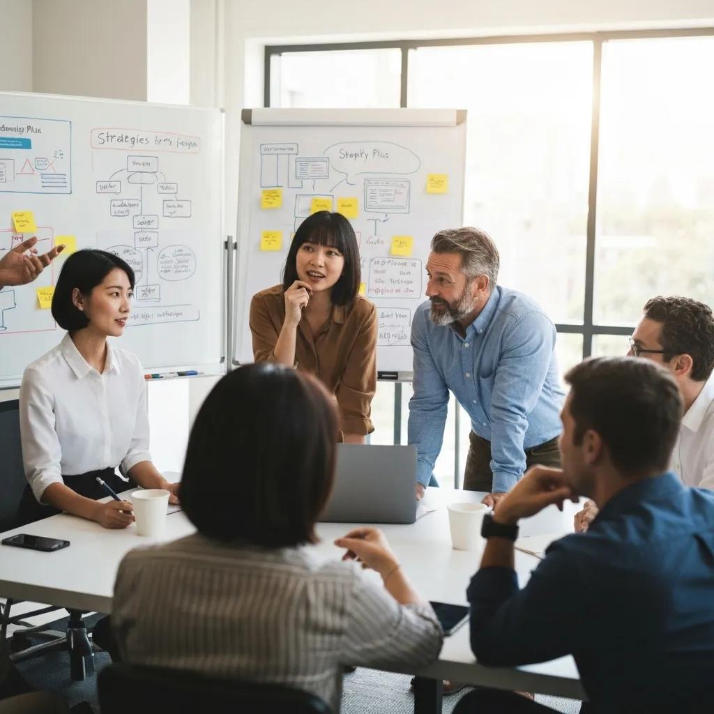 A dedicated team of professionals actively discussing strategic plans for a Shopify Plus project in a collaborative meeting room.
