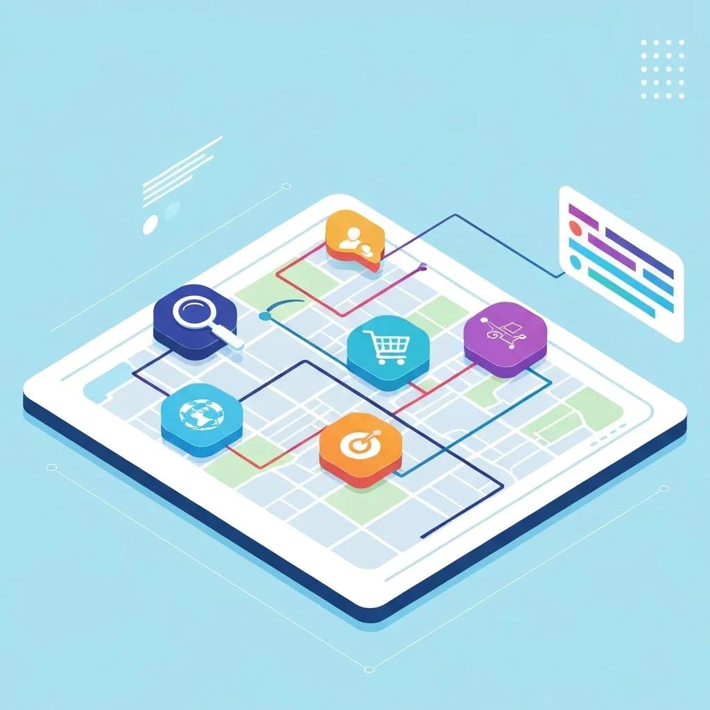 Digital map illustrating interconnected SEO app strategies and growth pathways