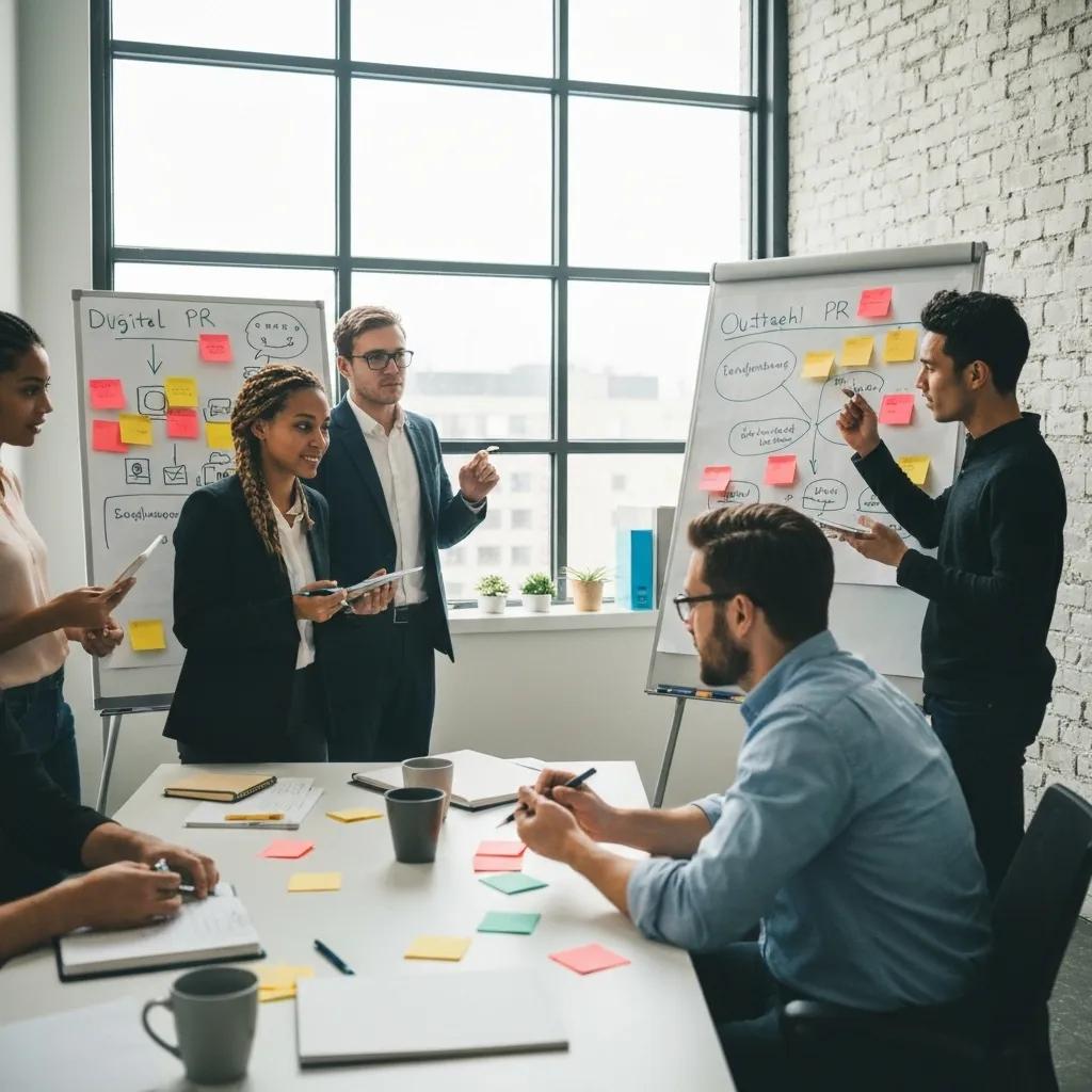 A dynamic team collaborating on digital PR strategies for Shopify backlinks in a modern, energetic office environment.