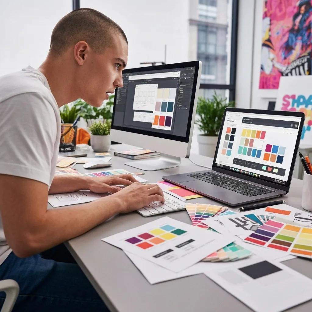Shopify expert customizing a theme with design tools and sketches