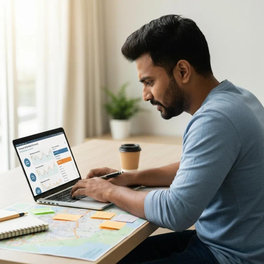 A focused individual conducting local keyword research on a laptop, surrounded by notes