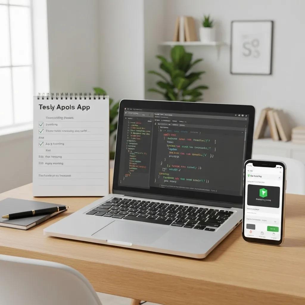 Testing tools and methodologies for Shopify app compatibility, featuring a laptop and checklist