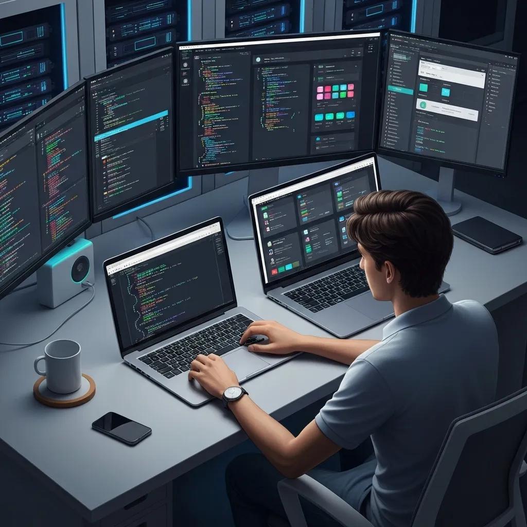 A Shopify Developer is shown coding with multiple screens displaying intricate project details