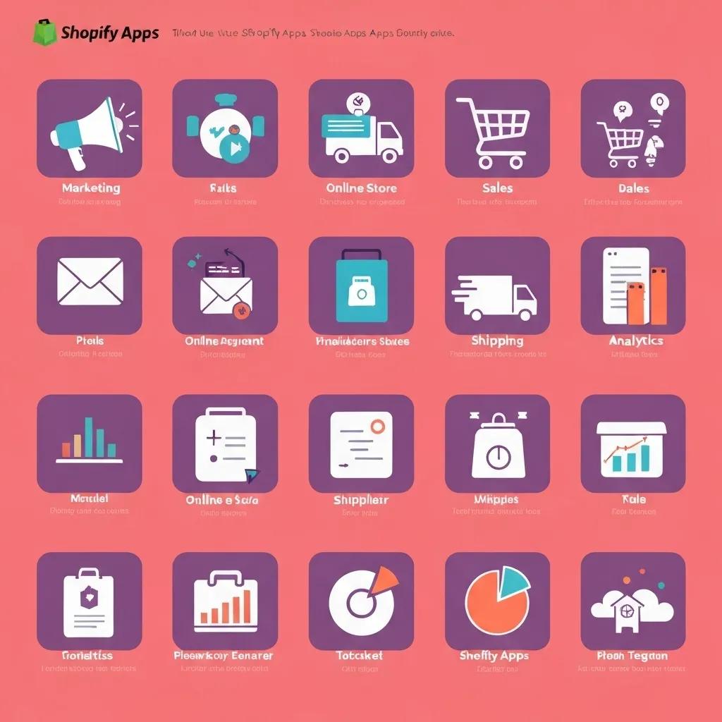 Visual representations of various Shopify app categories, including marketing, sales, and shipping icons