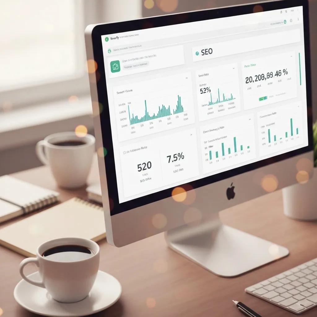 A close-up view of a computer screen displaying detailed Shopify SEO analytics within a productive and focused workspace
