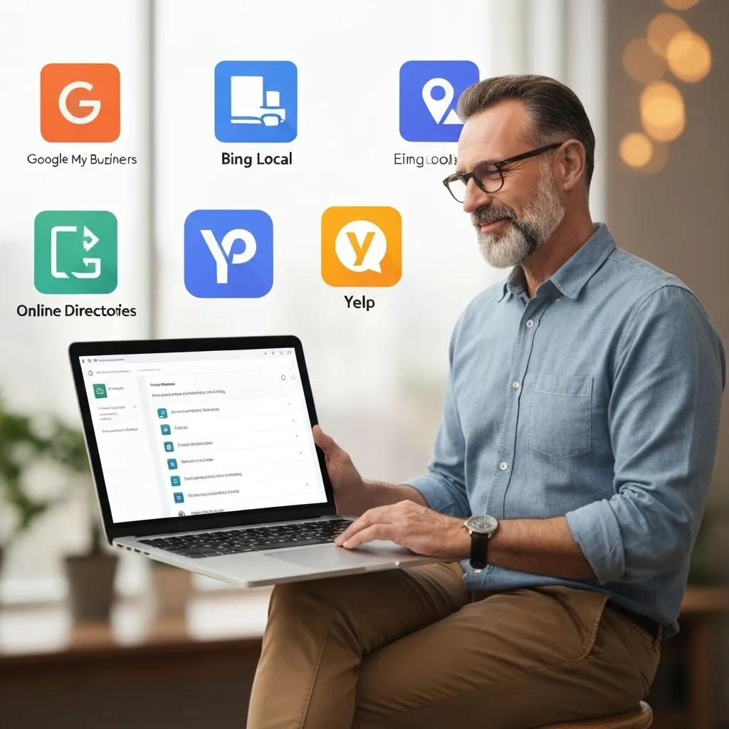 A professional managing local citations and directory listings for a Shopify store on their laptop