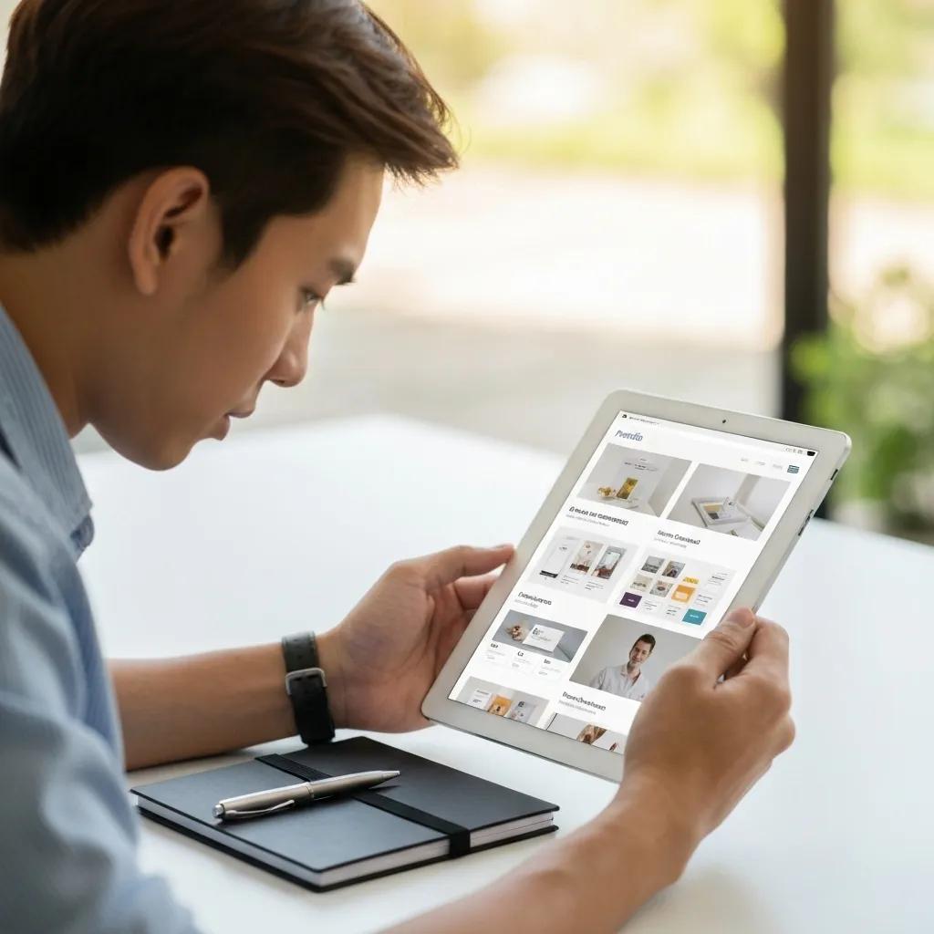 A discerning individual examining a Shopify expert's portfolio on a tablet, with a notepad at the ready