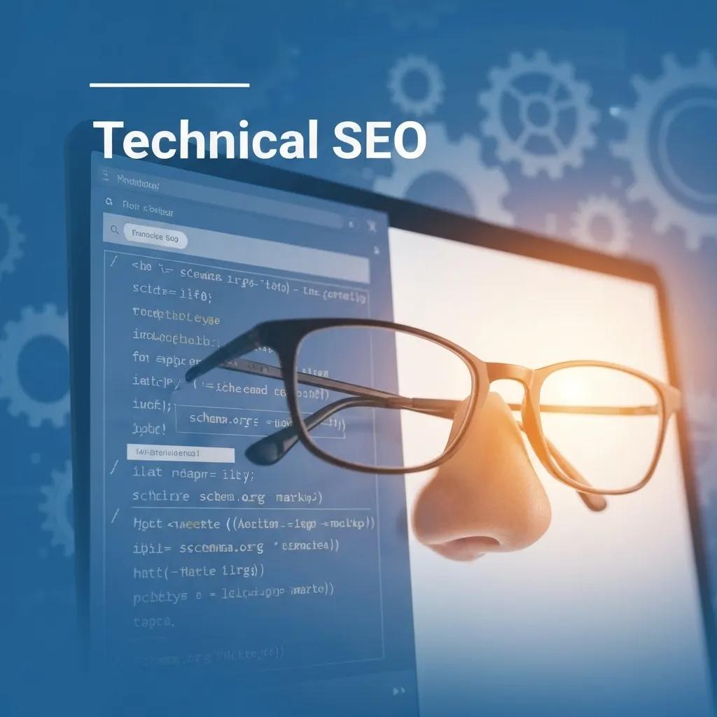 A detailed view of a computer screen showcasing technical SEO code, structured data, and website optimization elements.
