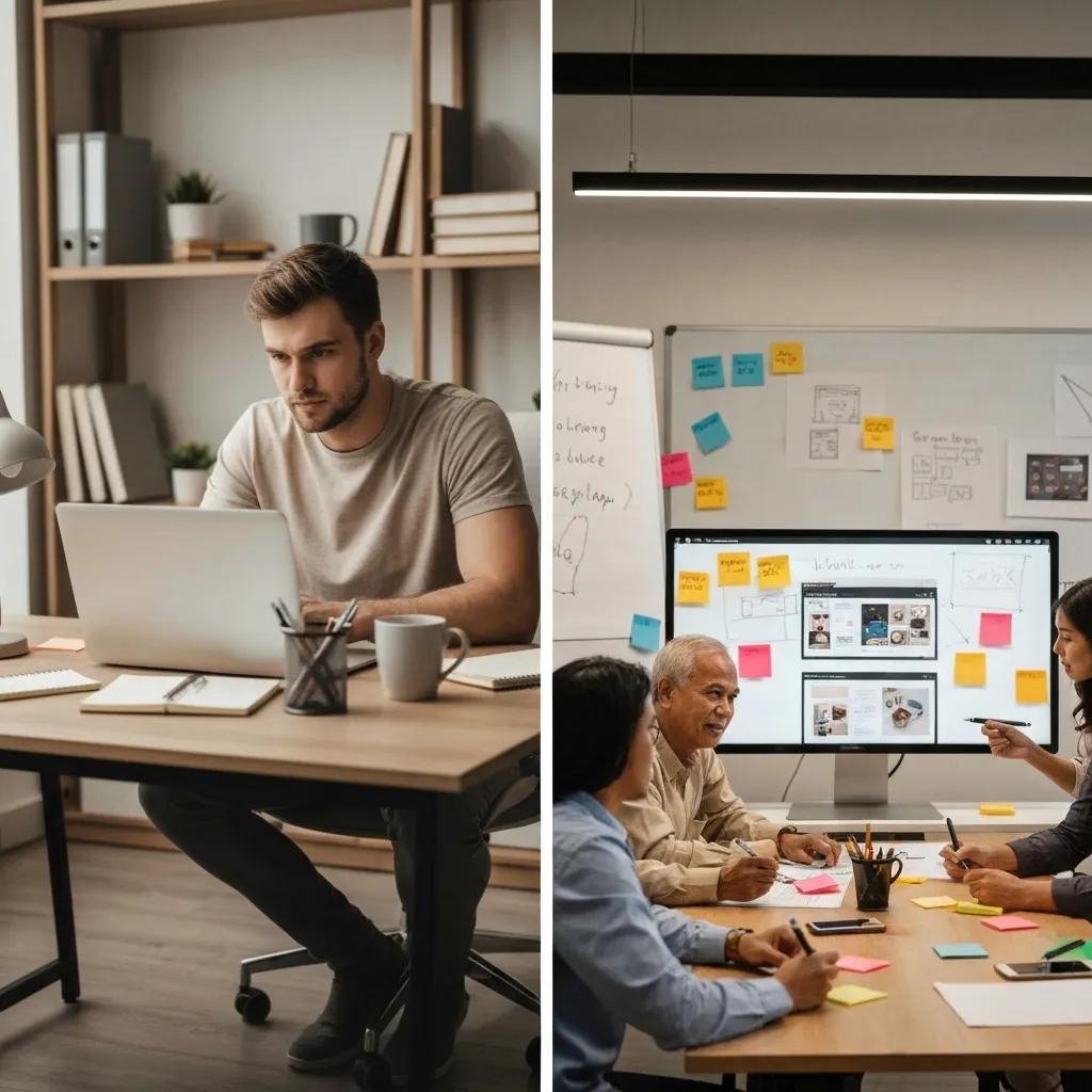 A visual comparison contrasting the focused expertise of a freelance Shopify developer with the comprehensive capabilities of an agency team