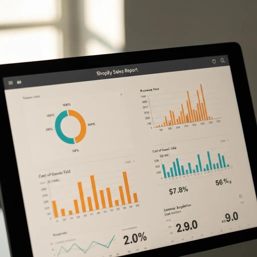 Detailed view of a computer screen displaying Shopify sales report metrics and data visualizations