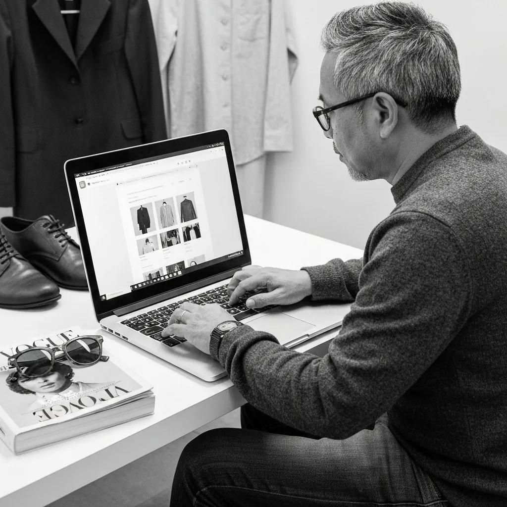 A skilled Shopify expert meticulously designing a chic fashion e-commerce website, surrounded by curated clothing racks and stylish accessories.