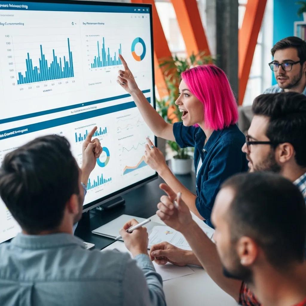 A digital marketing team intently analyzing data to refine and optimize growth strategies specifically for e-commerce startups.