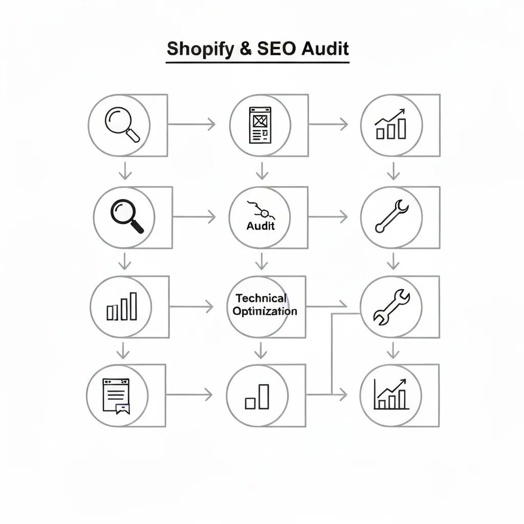 Visual representation of the step-by-step Shopify SEO audit process with clear icons