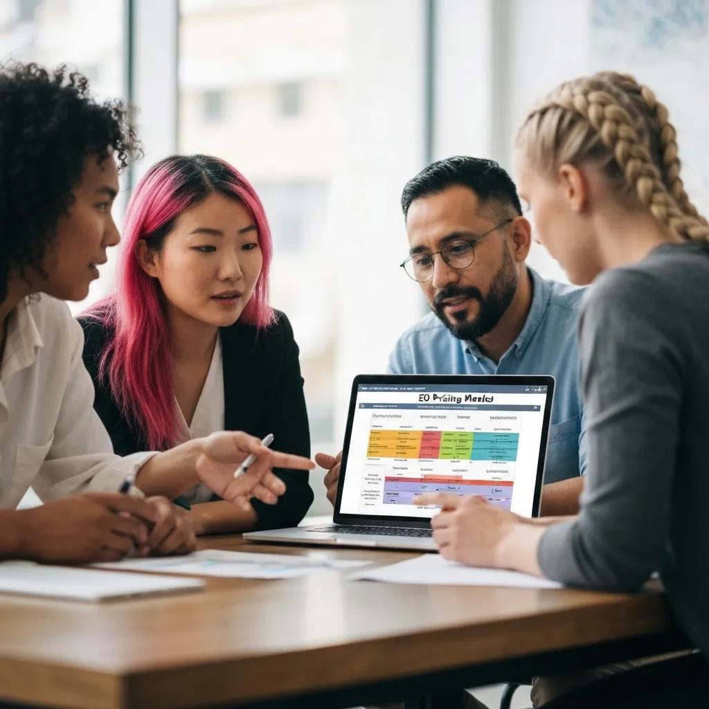 A team of professionals engaged in a collaborative discussion about various Shopify SEO pricing models