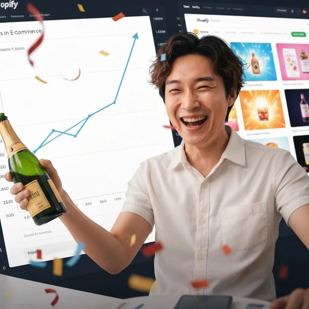 E-commerce success illustration with an upward trend graph, happy business owner, and Shopify store