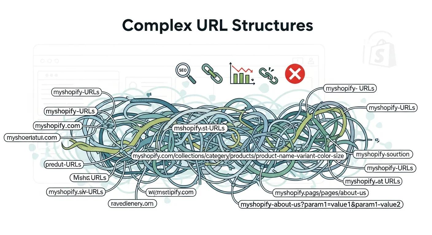 Illustration of complex URL structures as a common Shopify SEO challenge