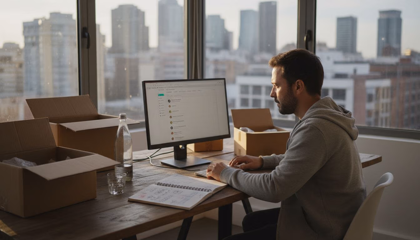 Hombre trabajando en computadora en oficina con cajas de envío, enfocándose en la integración de aplicaciones en Shopify para optimizar ventas y operaciones.