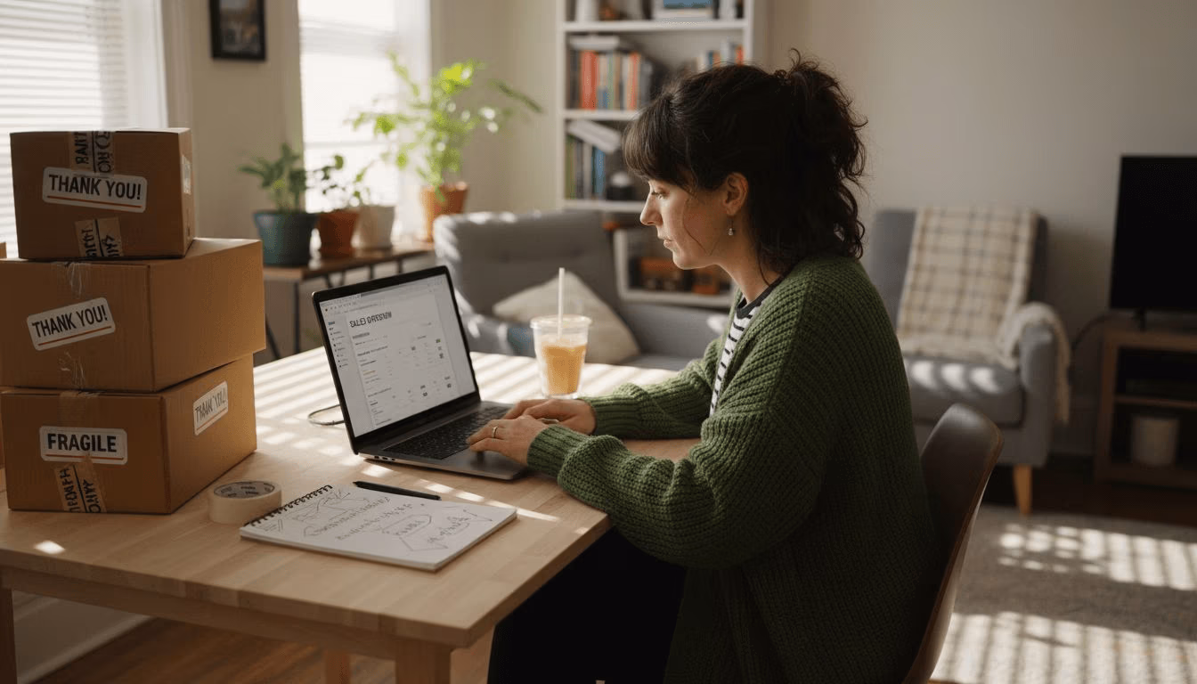 Woman working on a laptop at a table with shipping boxes, illustrating e-commerce user experience strategies for Shopify store owners.