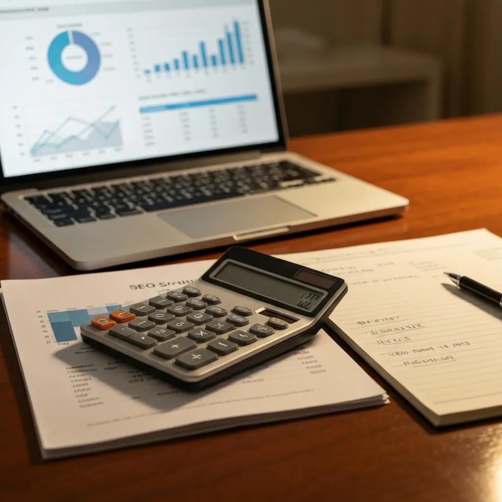 Calculator and financial documents representing ROI calculation for Shopify SEO strategies