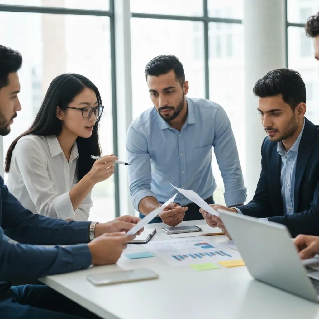 A diverse group of professionals discussing ethical SEO practices in a modern meeting space