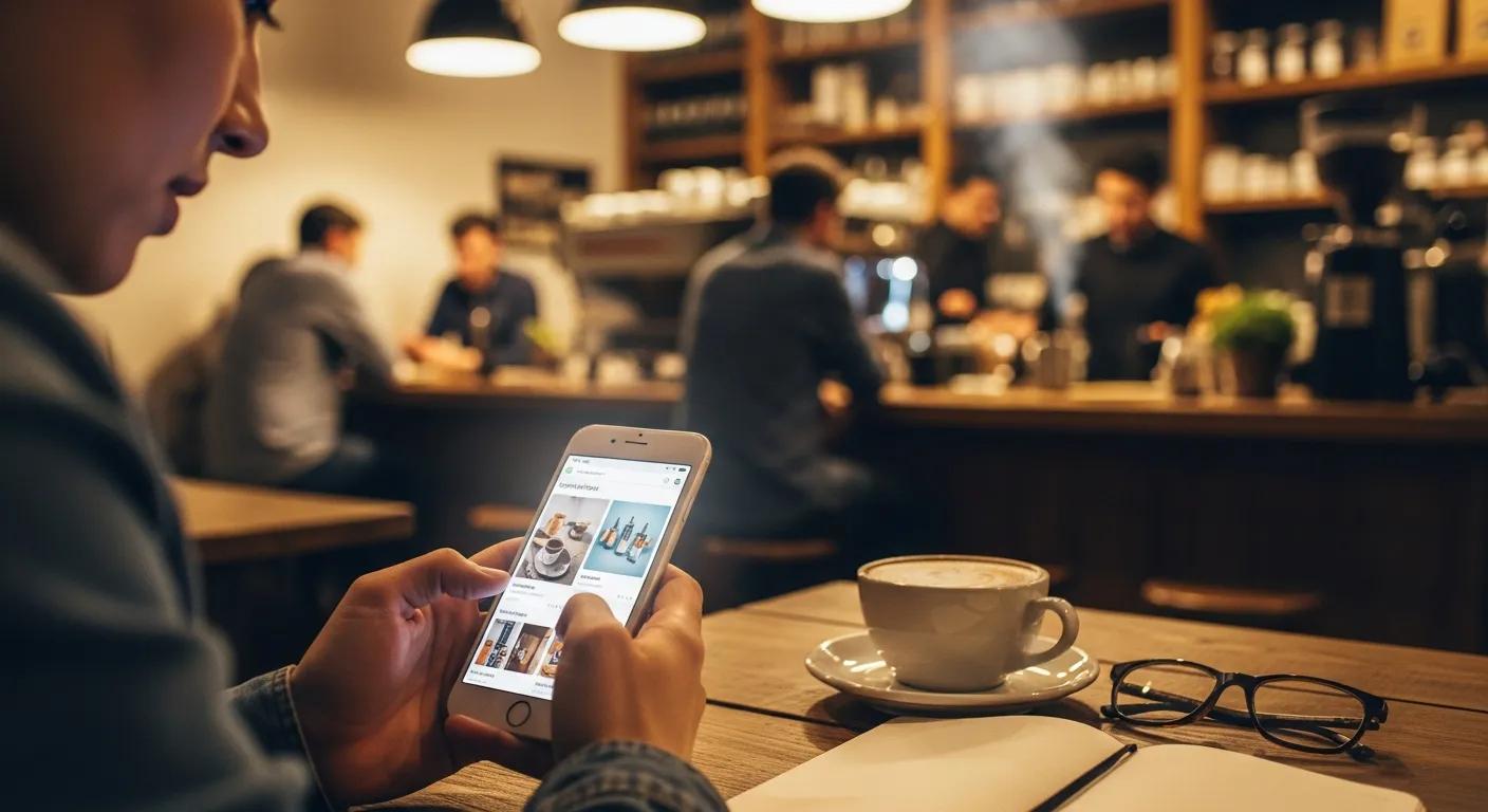 Customer smoothly navigating a lightning-fast Shopify store on a mobile device in a bustling coffee shop