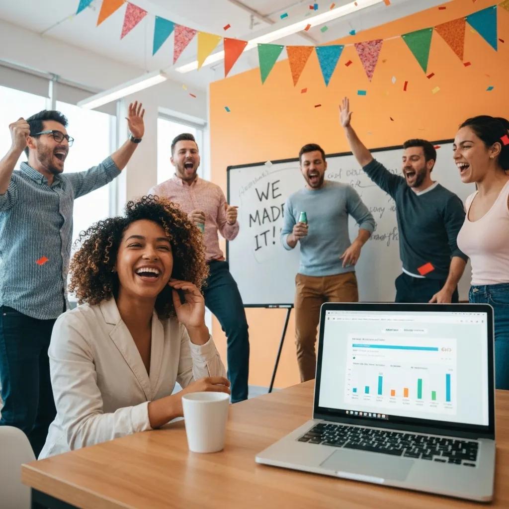 Shopify store team celebrating a successful recovery from Google penalties, with improved website metrics displayed on a laptop screen