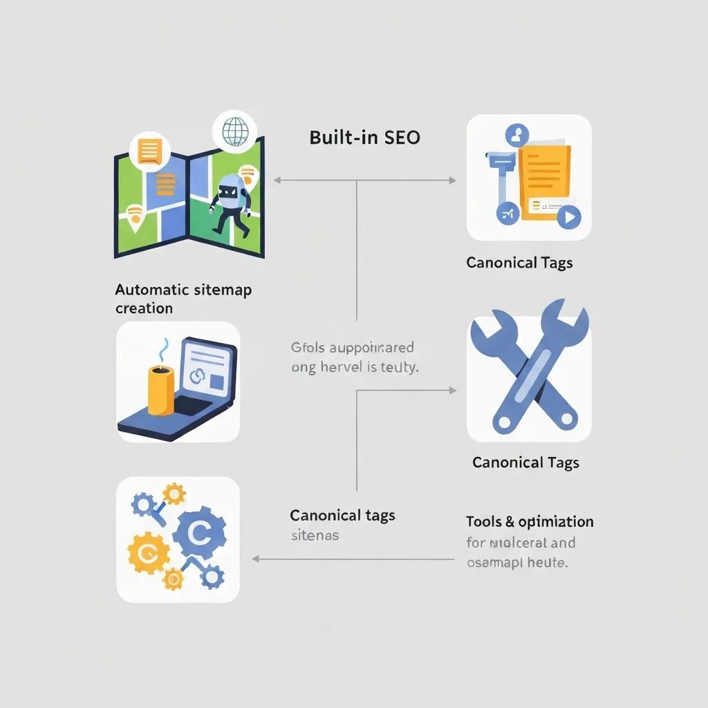 Visual breakdown of Shopify's core SEO features, including sitemaps and canonical tags