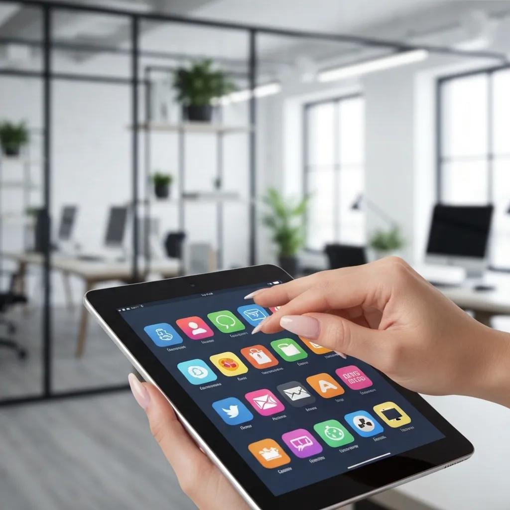 Close-up of an e-commerce manager thoughtfully selecting Shopify apps on a tablet, surrounded by business strategy documents