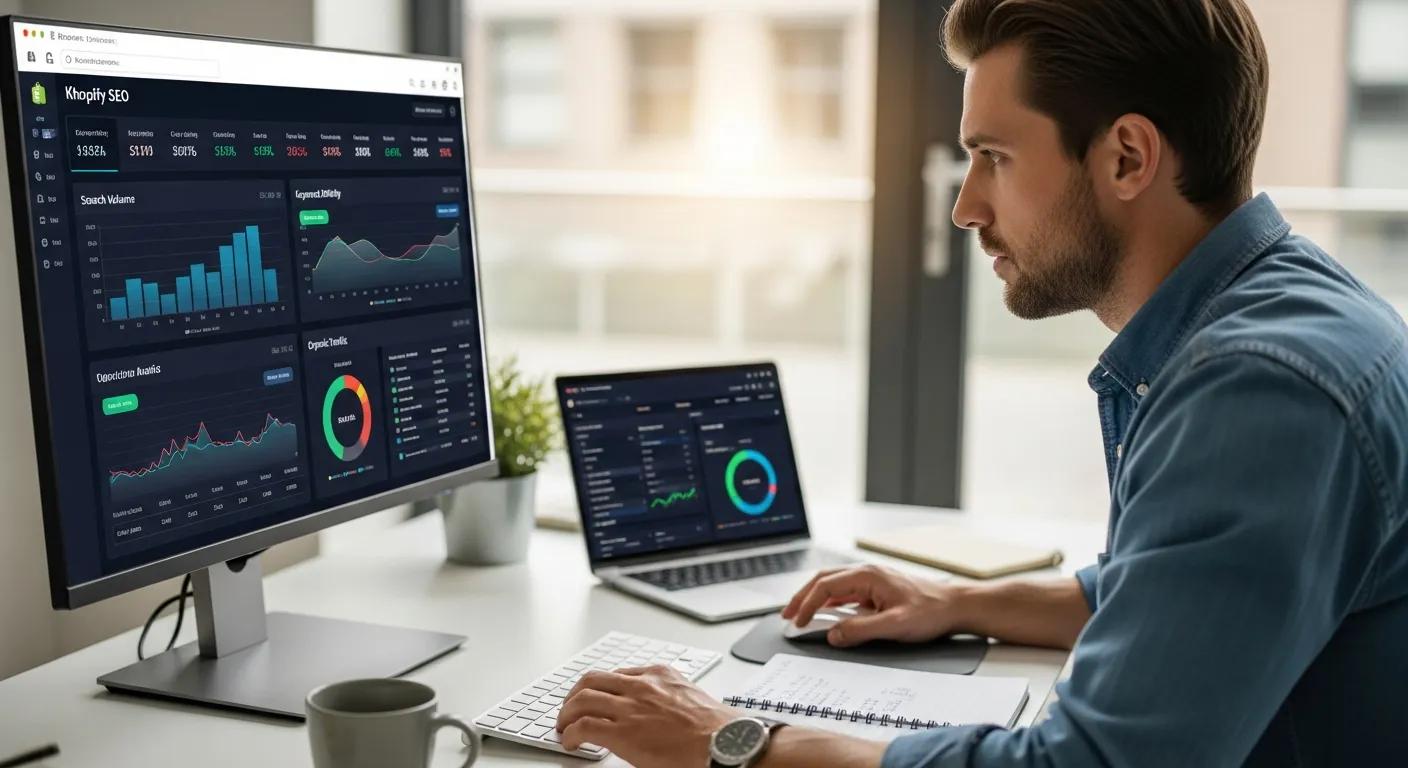 Individual analyzing keyword data for Shopify SEO