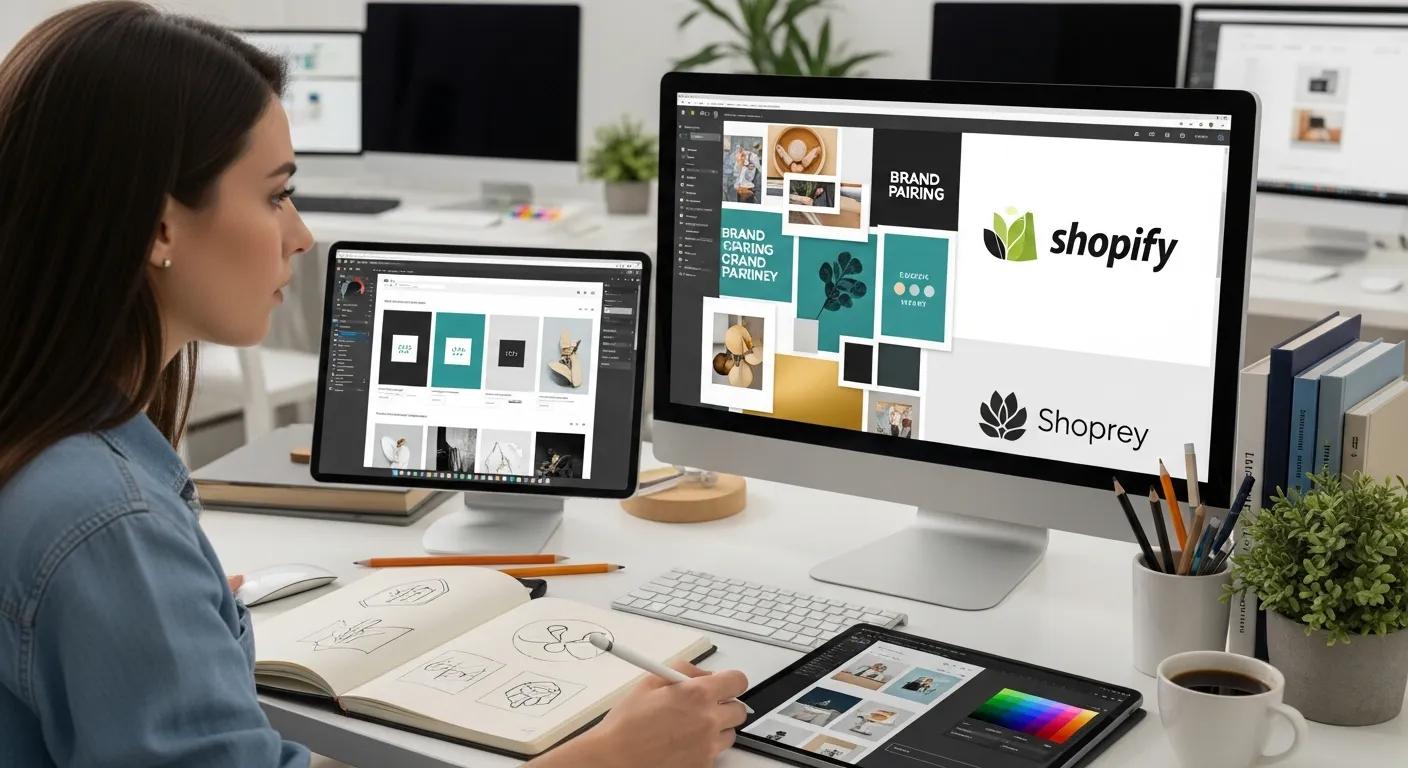 Designer crafting brand identity elements for a custom Shopify theme