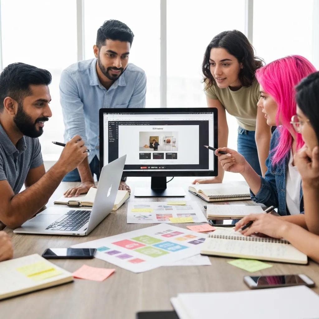 Developers collaborating on custom Shopify theme builds, surrounded by mockups and laptops