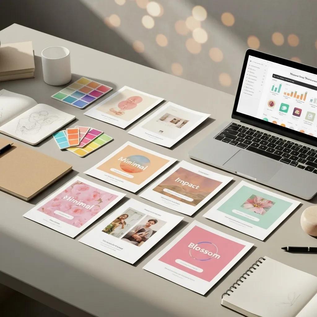 A flat lay of various Shopify theme designs and essential design tools arranged in a creative workspace.