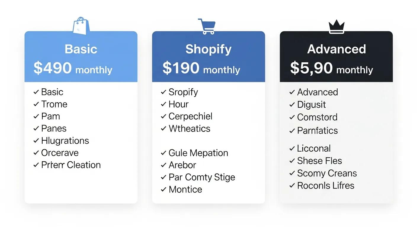 A clear visual comparison of Shopify pricing plans, complete with distinct icons for each tier
