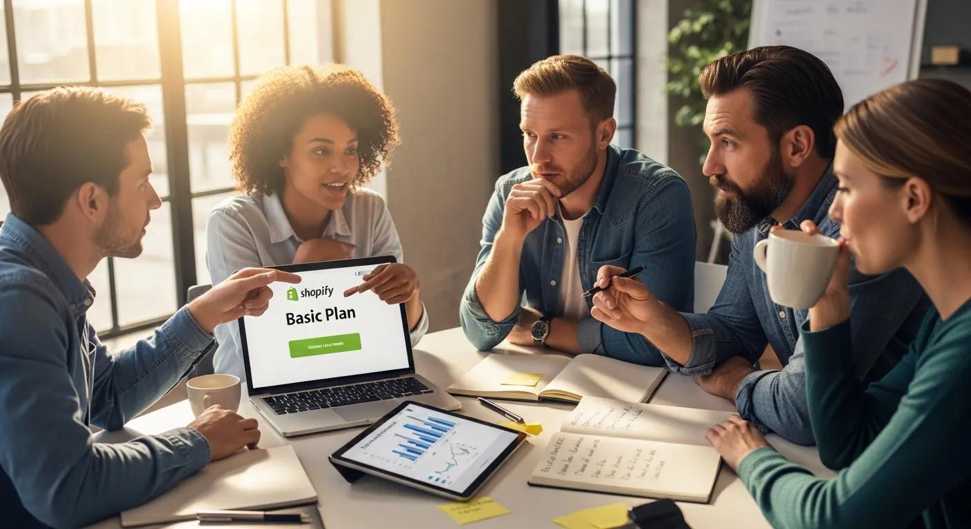 Small business team discussing the Basic Shopify plan benefits