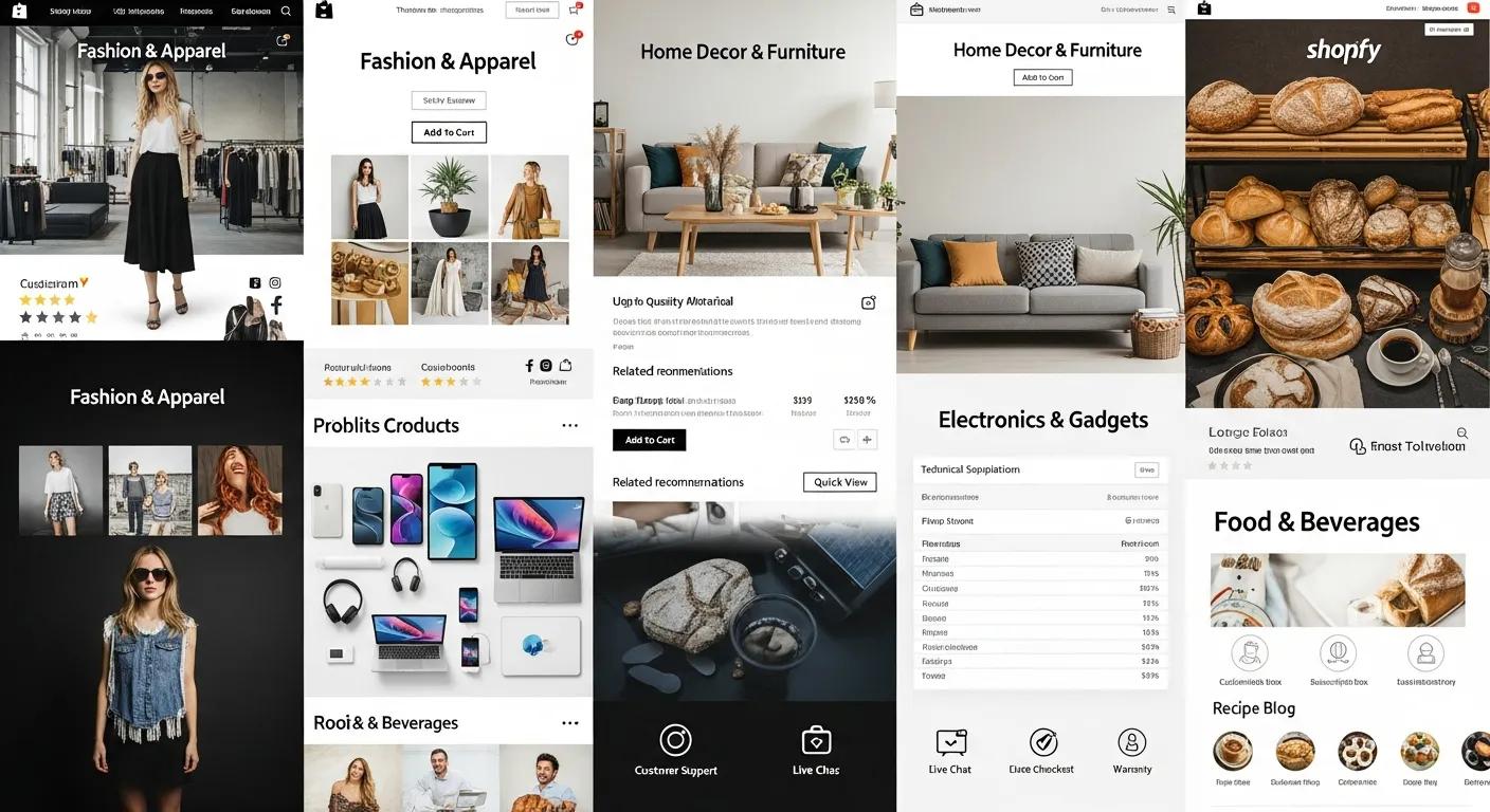 Visual representation of various e-commerce niches paired with corresponding Shopify theme elements