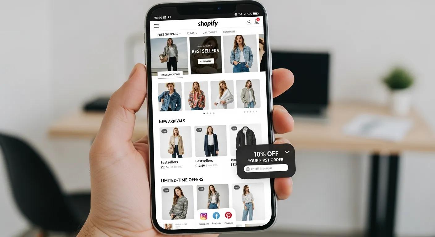 Smartphone displaying a mobile-responsive Shopify store design with digital marketing elements