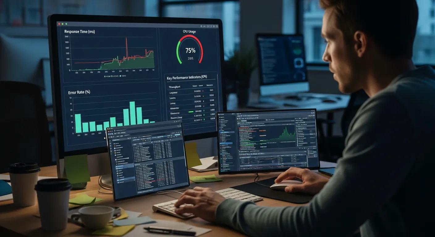 A person analyzing performance metrics on a computer screen, displaying various testing tools and graphs
