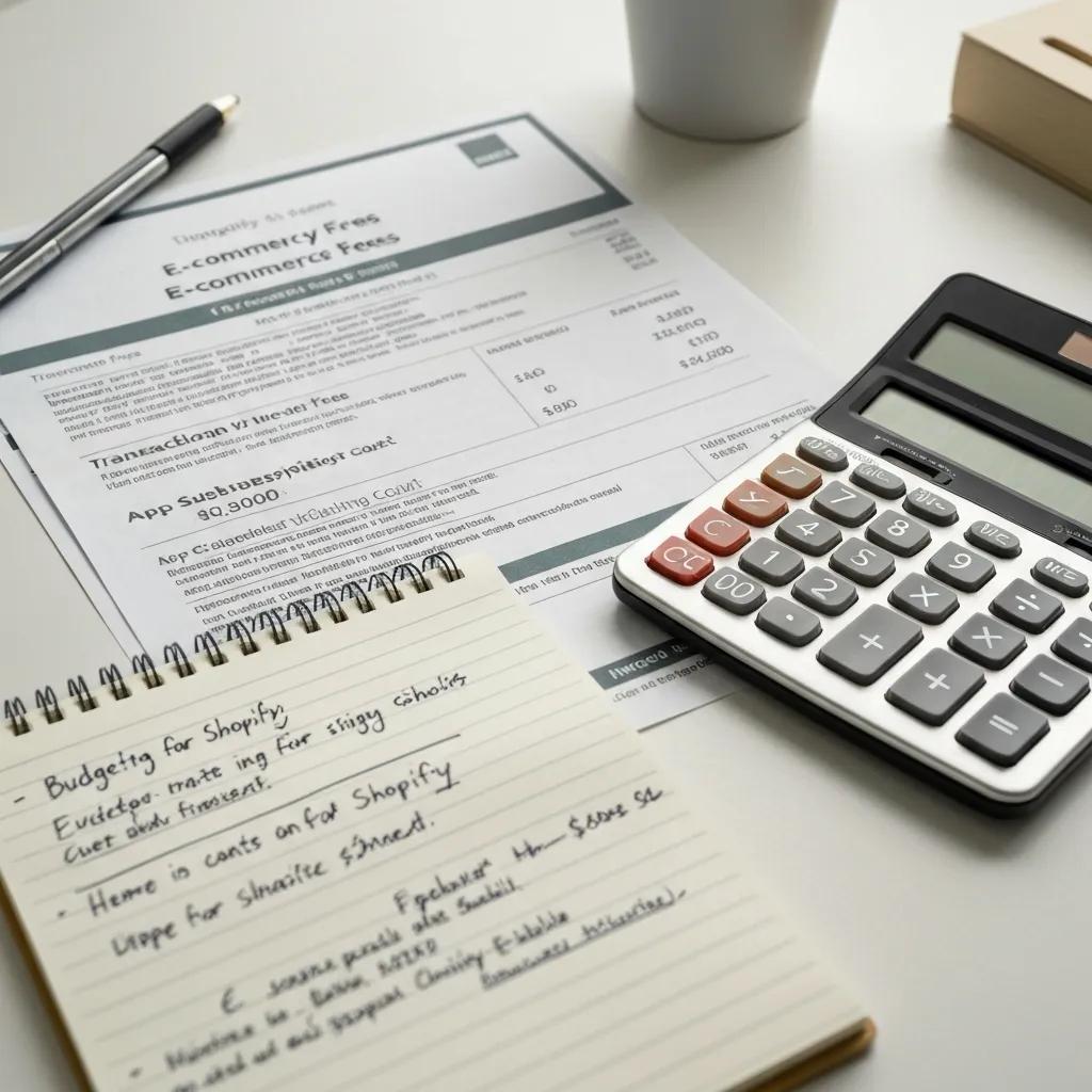 Calculator and invoices illustrating e-commerce fees for Shopify merchants