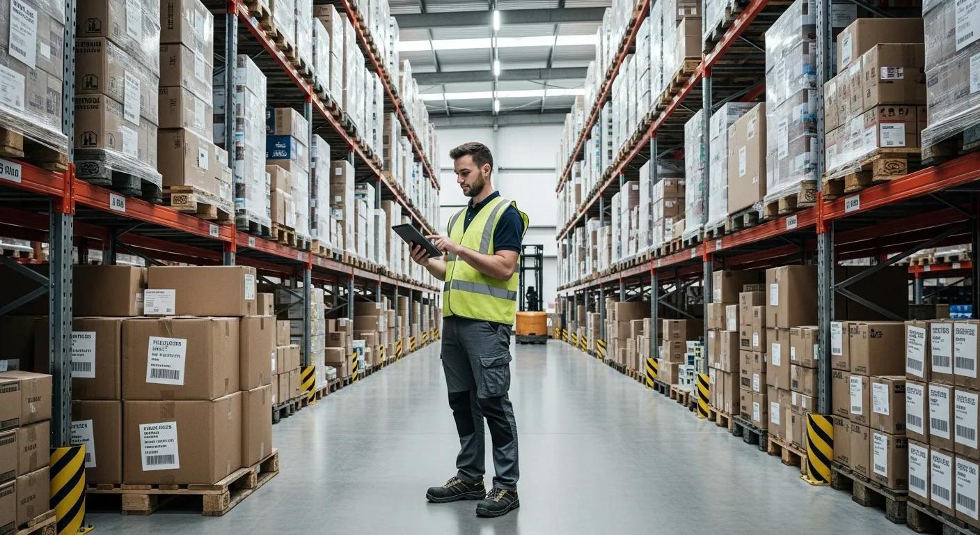 Warehouse worker managing inventory with a tablet, illustrating operational efficiency