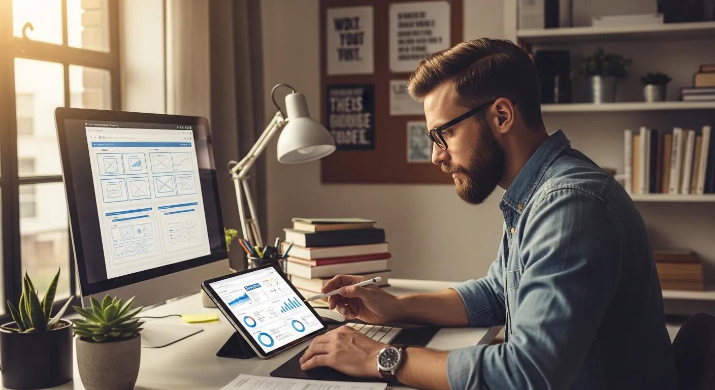 An entrepreneur intently focused on a tablet, strategizing digital marketing efforts within a meticulously organized and inspiring workspace.