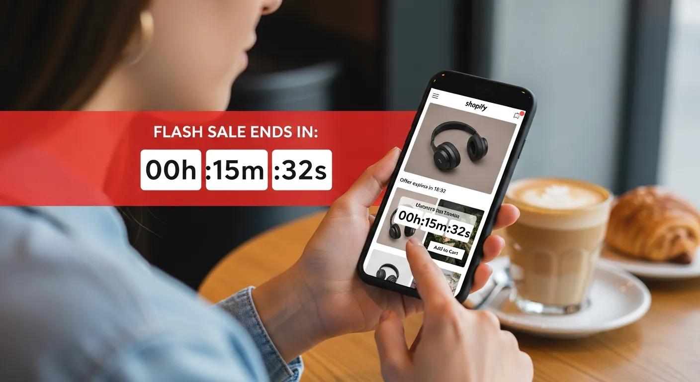A shopper on a smartphone intently viewing a Shopify theme that prominently features urgency countdown timers.