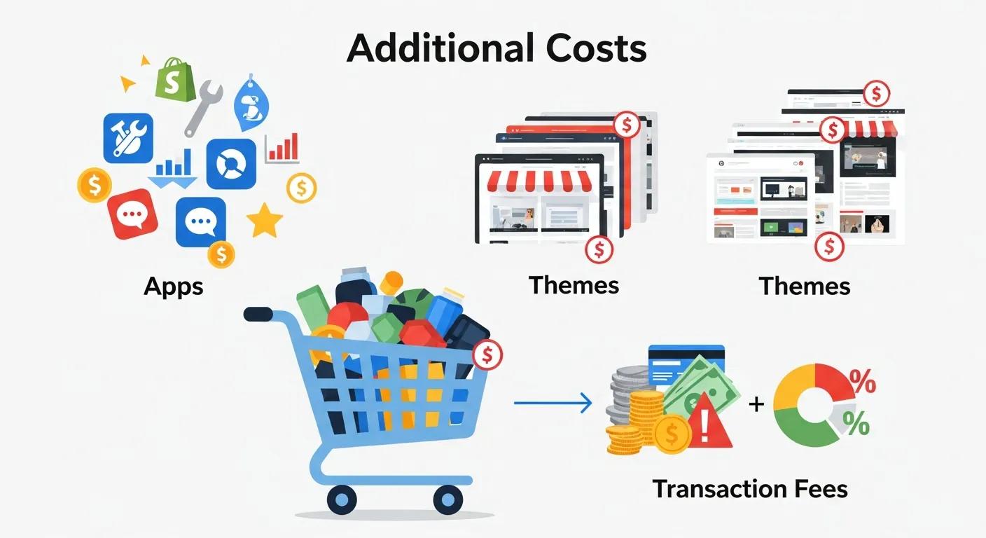 Illustration of additional costs associated with Shopify, including apps, themes, and transaction fees
